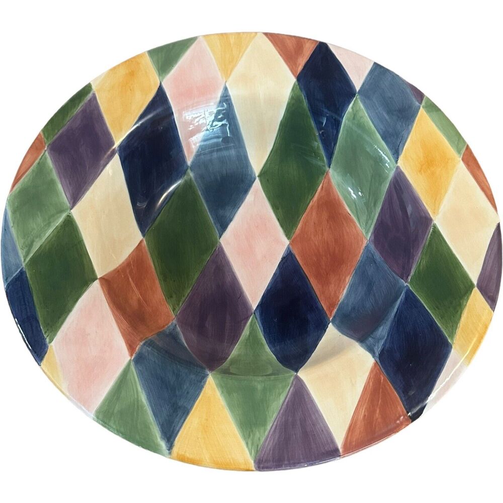 Tabletops Unlimited Hand Painted Carnival Diamond Large Serving Pasta Bowl 15”
